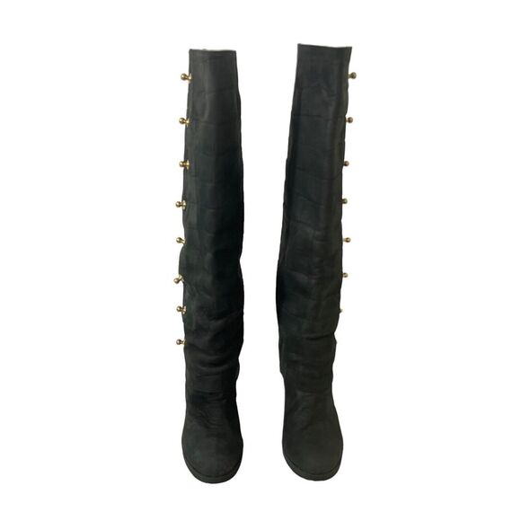 Thomas Wylde Womens Size 7 Black Croc Leather Foldover Studded Boot - Picture 2 of 8